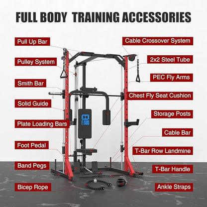 FAGUS Smith Machine Home Gym Power Cage with Pulley System, Space Saving Design Squat Rack with Full Body Strength Training Attachments, PEC Station & Fixed Cable Crossover Optional