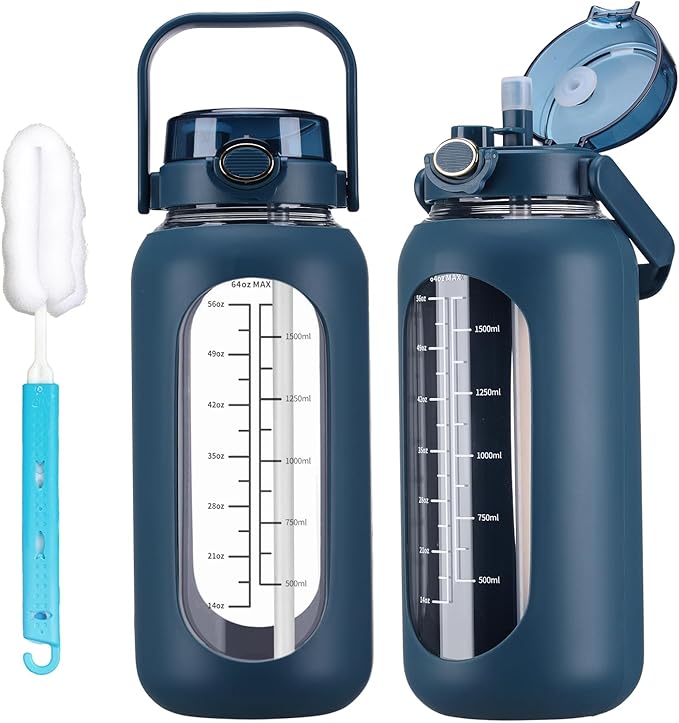 42oz Glass Water Bolttles with Straw Half Gallon Large Motivational Water Bottle with Time Marker Sports Water Bottles with Silicone Sleeve and Handle Lid Water Jug for Gym Workout
