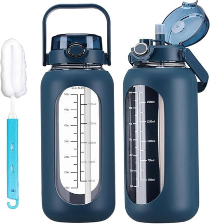42oz Glass Water Bolttles with Straw Half Gallon Large Motivational Water Bottle with Time Marker Sports Water Bottles with Silicone Sleeve and Handle Lid Water Jug for Gym Workout