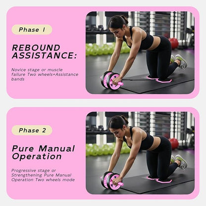 Double-Wheel Ab Roller for Core Training – Rebound Design with Adjustable Elastic Band, Silent Non-Slip Wheels, Detachable Build, Knee Pad & Bands – Home Gym Gear for Men/Women