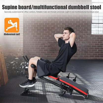 Ab Workout Bench, Adjustable Ab Crunch Machine for Home Gym - Multi-Functional Foldable Sit Up Bench with Preacher Curl Pad & Resistance Bands, Heavy-Duty Exercise Equipment for Arm/Back