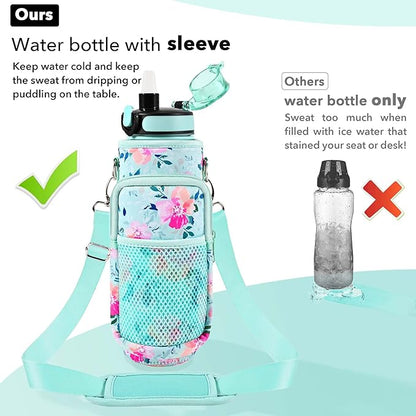 32 oz Water Bottles with Straw & Strap, Motivational Water Bottles with Times to Drink, BPA Free Reusable Sports Water Bottle with Sleeve Carrier for Hiking, Travel, Running or Fitness