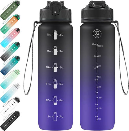 EYQ 32 oz Water Bottle with Time Marker, Carry Strap, Leak-Proof Tritan BPA-Free, Ensure You Drink Enough Water for Fitness, Gym, Camping, Outdoor Sports