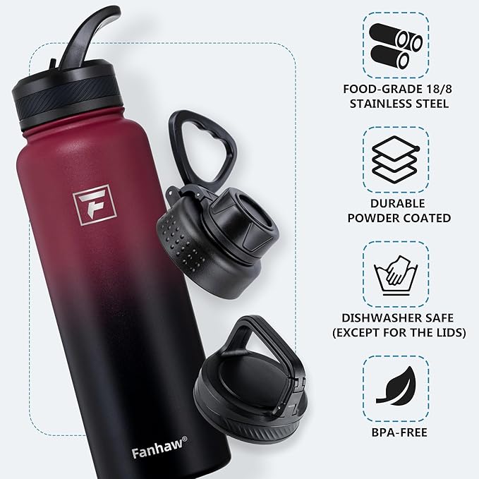 Fanhaw 40 oz Insulated Water Bottle – Stainless Steel Flask with 3 Lids (Straw, Spout, Carabiner) | Durable, Leakproof, for Hiking, Camping, Outdoor Adventures & Travel (Red Black)