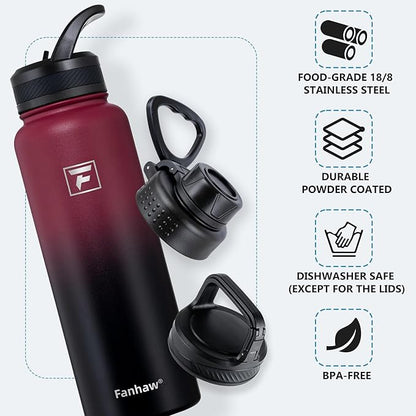Fanhaw 40 oz Insulated Water Bottle – Stainless Steel Flask with 3 Lids (Straw, Spout, Carabiner) | Durable, Leakproof, for Hiking, Camping, Outdoor Adventures & Travel (Red Black)
