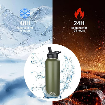 StarSpeed 40oz Insulated Water Bottle with Straws & 2 Lids, Stainless Steel Double Walled Vacuum Water Flask, Wide Mouth Sports Water Bottle for Gym Camping Hiking, Navy Green