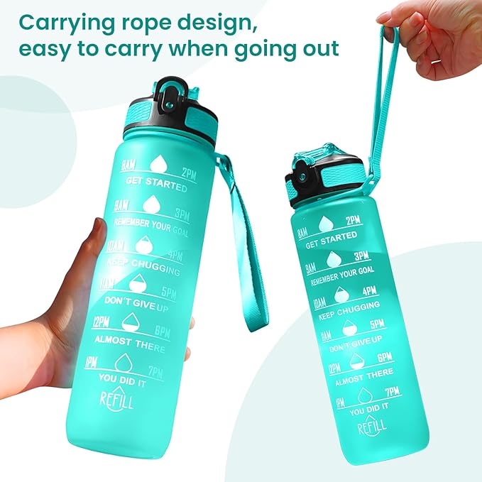 32 oz Motivational Water Bottle with Time Marker,Water Bottles with Times to Drink and Straw with Carrying Strap,Perfect For Fitness Gym Outdoor,BPA Free (Green)