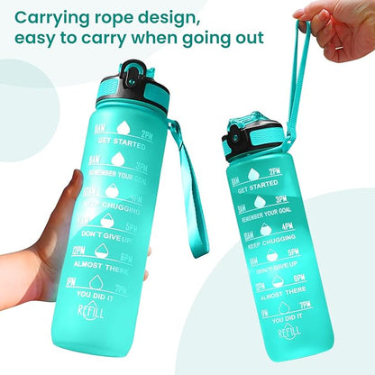 32 oz Motivational Water Bottle with Time Marker,Water Bottles with Times to Drink and Straw with Carrying Strap,Perfect For Fitness Gym Outdoor,BPA Free (Green)