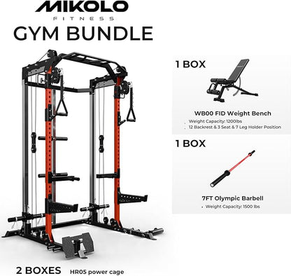 Mikolo Power Cage, 2000LB Power Rack with Independent Dual Pulley System, Multi-Function Home Gym Workout Machine for Cable Crossover