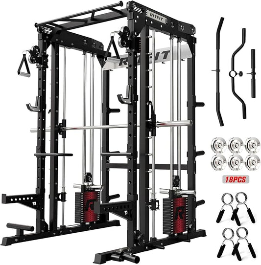 RitFit M2 Smith Machine with with Cable Crossover System, 3D Functional Trainer & Power Cage, 16 Adjustment Holes, 6 Storage Pegs for Full-Body Home Gym