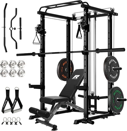 RitFit Multi-Function Garage & Home Gym Package Includes 1200LBS Power Cage PPC03/P3 with Cable Crossover System, Weight Bench, Olympic Barbell Weight Set, Full Body Workout