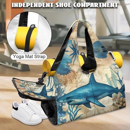 Gym Bag with Yoga Mat Holder Large Tote Bag With Multi Pockets for Women Men Dry Wet Separated Pocket Carryall Yoga Tote Bag for Pilates Travel Workout Office