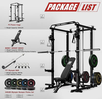 RitFit Multi-Function Garage & Home Gym Package Includes 1200LBS Power Cage PPC03/P3 with Cable Crossover System, Weight Bench, Olympic Barbell Weight Set, Full Body Workout