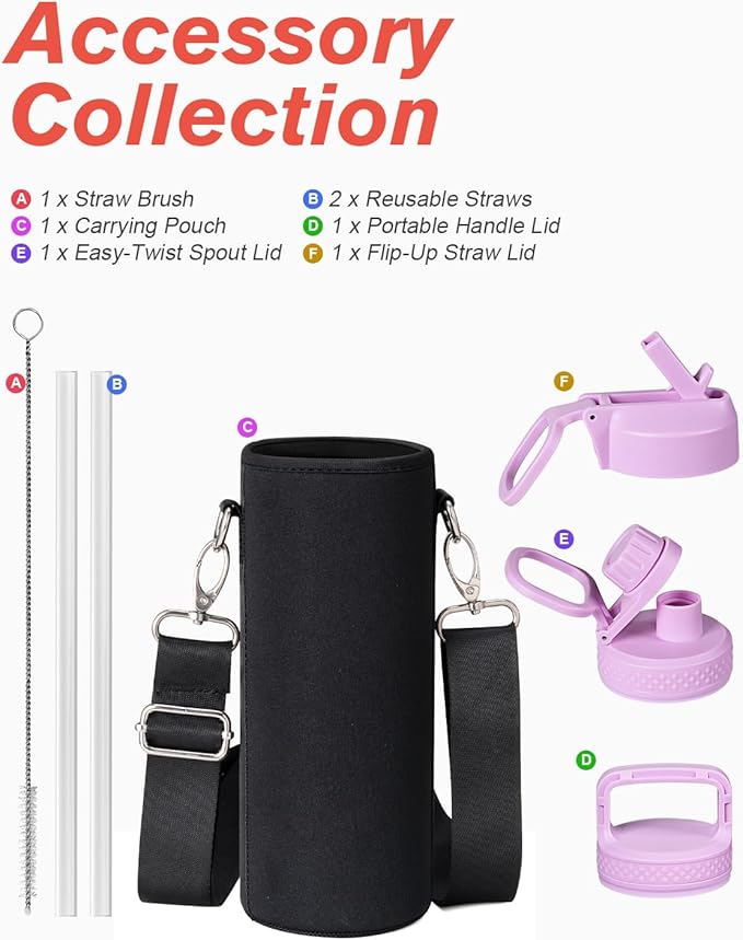 Coolflask Water Bottle 24 oz Insulated with Straw, Stainless Steel Metal 3 Lids Water Flask Wide Mouth for Sports or Office, Non-BPA Keep Cold Up to 48 Hrs or Hot Up to 24 Hrs, Glitter Pink