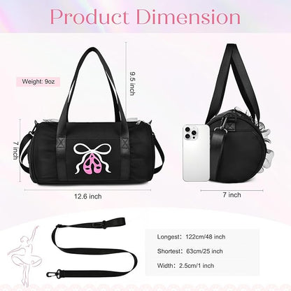 Dance Bag for girls, KUIRAN 8L Dance Duffel Bag with Separate Shoe Compartment Lightweight Water-resistant Sport Bag for Dance, Ballet, Gym, Travel - Black