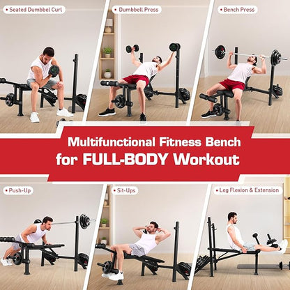 Adjustable Weight Bench Press Set 900LBS with 72''W Squat Rack & Leg Extension/Curl Foldable Workout Bench for Full Body Fitness Flat/Incline/Decline Upgrade Weight Benches for Home Gym