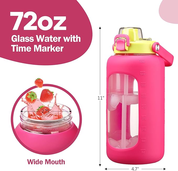 72oz Glass Water Bolttles, 3-in-1 Straw and Sip Spout Handle Lid, Half Gallon Water Bottle with Time Marker and Silicone Sleeve, BPA-Free Sports Water Bottle for Gym, School, Bright Pink