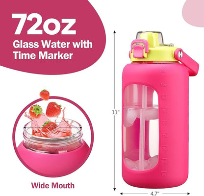 72oz Glass Water Bolttles, 3-in-1 Straw and Sip Spout Handle Lid, Half Gallon Water Bottle with Time Marker and Silicone Sleeve, BPA-Free Sports Water Bottle for Gym, School, Bright Pink
