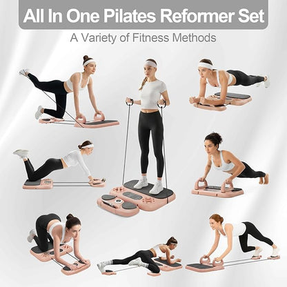Multifuncional Pilates Board & Push Up System with Timer, Ab Wheel & Core Sliders, Portable Home Gym Kit with Resistance Ropes & Plank Support, Full Body Workout for Women & Men (Simulates Reformer)