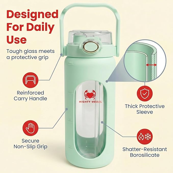 32 oz Glass Water Bottle – Light Green | Borosilicate with Time Markers, Flip Straw & Silicone Sleeve – Compact Leakproof Hydration for Travel or Office