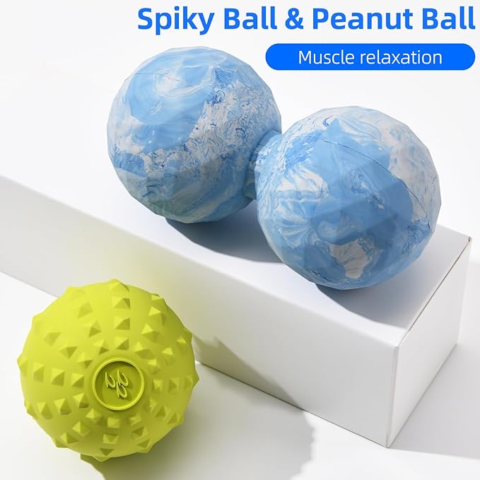 Peanut & Spiky Massage Ball Set, Double Lacrosse Peanut Roller + Firm Spiky Ball for Deep Tissue Myofascial Release, Trigger Point Therapy, Plantar Fasciitis & Muscle Recovery (Blue Mix White+Yellow)