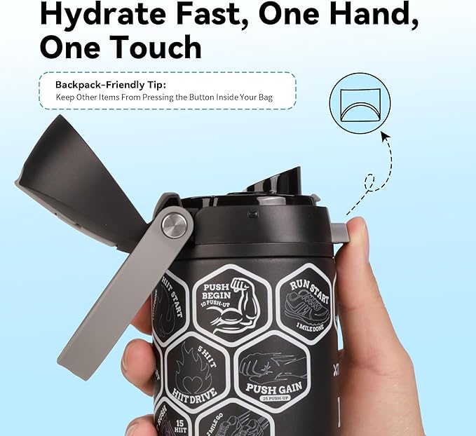24 oz Motivational Insulated Stainless Steel Water Bottle for Sports, Gym & Travel, 2-in-1 Push-Button Spout & Quick-Flip Straw, Leak-Proof BPA-Free, Keeps Cold 30H, with DIY Fitness Stickers