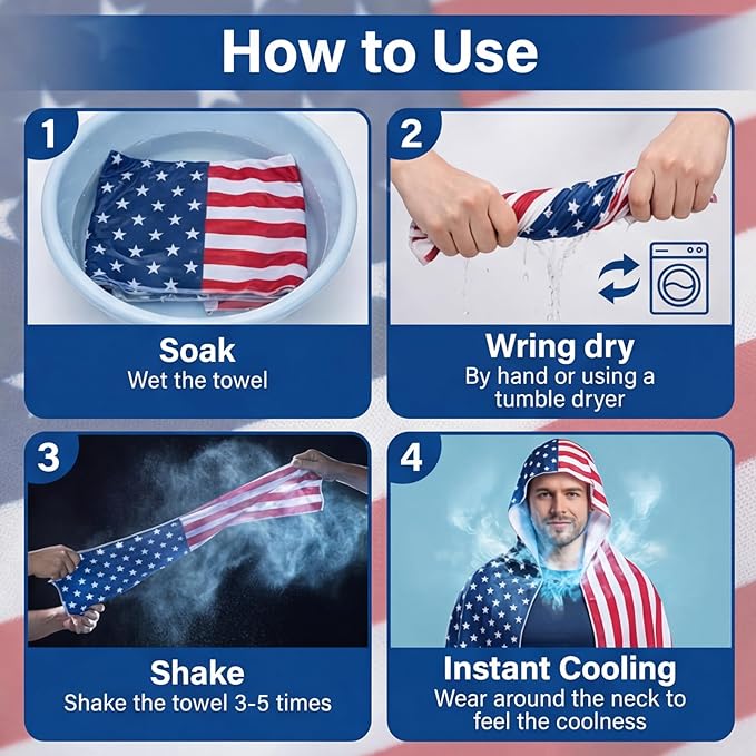 Yi-gog 6Pcs Cooling Hoodie Towel 24"x12" American Flag Ice Cooling Towels UPF 50 Sun Protection Microfiber Absorbent Sweat Rags for Sports Fitness Gym Biking Running