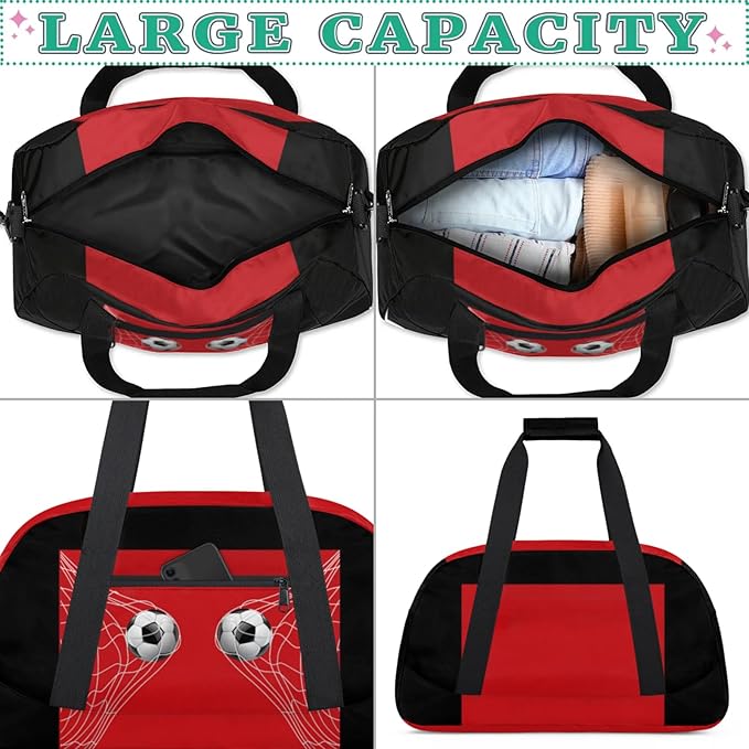 Sports Duffel Bags, Gym Black Red Soccer Net Weekender Overnight Sleepover Bag Waterproof Training Duffel Bag for Travel