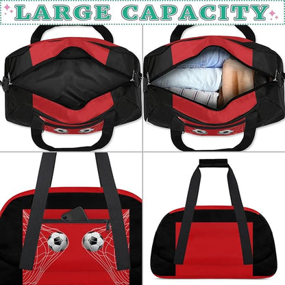Sports Duffel Bags, Gym Black Red Soccer Net Weekender Overnight Sleepover Bag Waterproof Training Duffel Bag for Travel