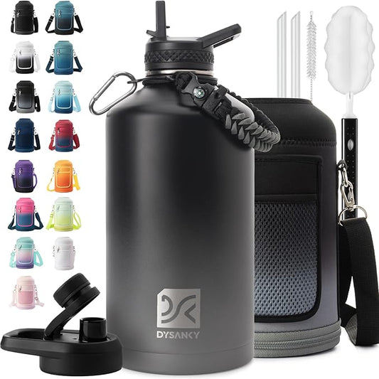1 Gallon Water Bottle Insulated | Thickened Stainless Steel Vacuum Metal Water Jug | Portable Sports Large for Gym and Hiking with Straw, Carrier Bag, Handle Strap | BPA-Free 128 oz
