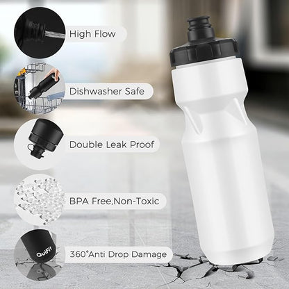 QuiFit 24 Pack Water Bottles, 24oz Squeeze Bottles BPA Free, Leak Proof, Reusable Sport Jug, Fit Most Bike Holders, for Cycling (White 24 pack)