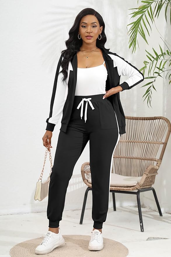 CLOCOR Track Suits for Women Set - Casual 2 Piece Outfits Sweatsuit Pocket Hoodies Long Sleeve with Patchwork Pants Set