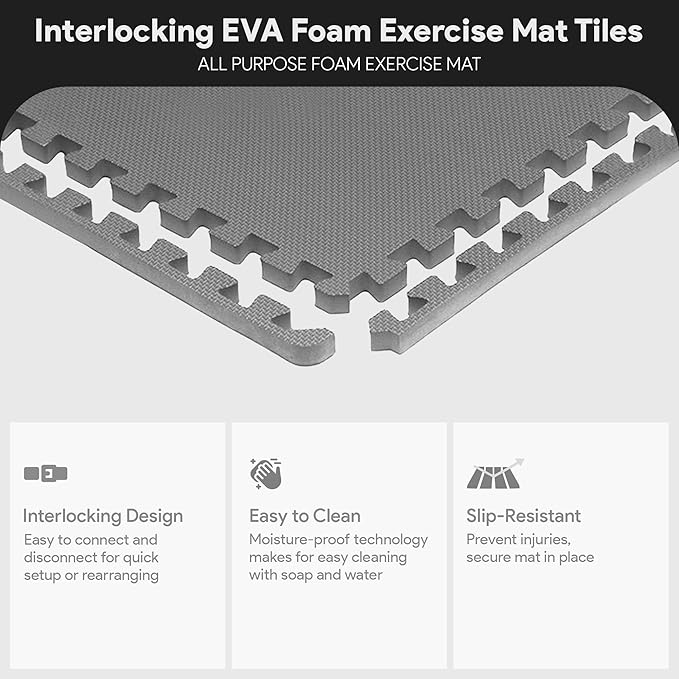 BalanceFrom Puzzle Exercise Mat 1/2" Thick, EVA Interlocking Foam Floor Tiles for Home Gym, Mat for Home Workout Equipment, Floor Padding for Kids, Multiple Sizes and Colors