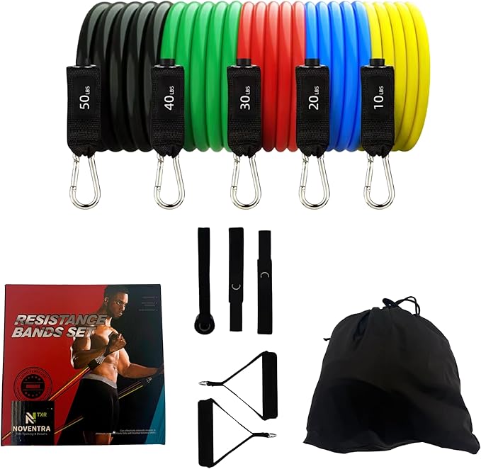 Resistance Bands Set 11 pcs - Up to 150 lbs with Handles, Door Anchor, Ankle Straps & Carry Bag - Home Gym & Strength Training