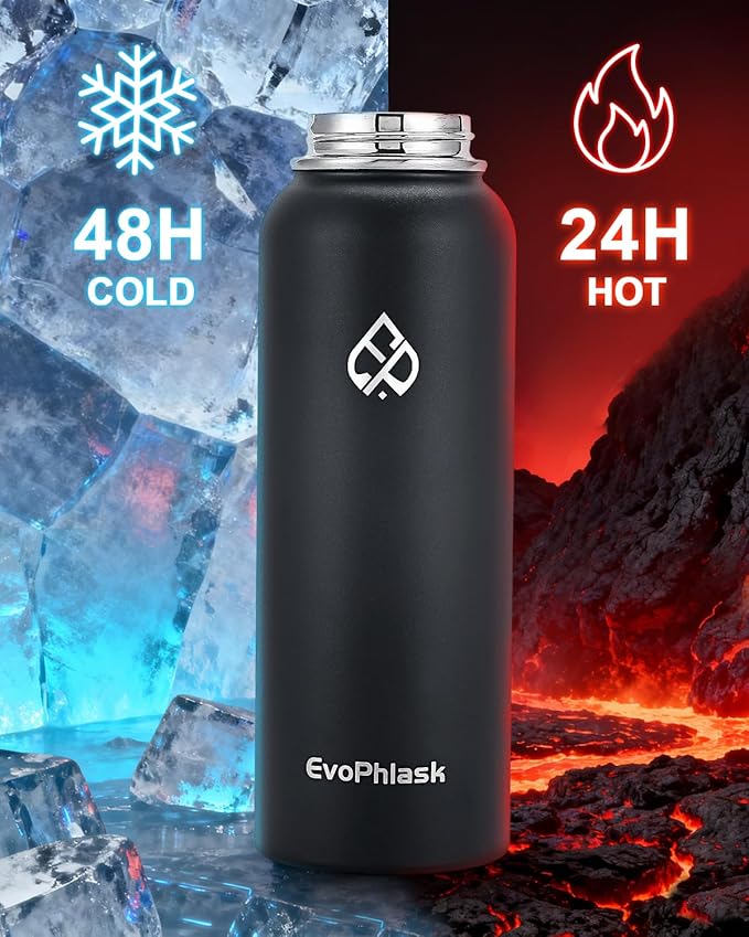 40 oz Insulated Water Bottle(Cold for 48Hrs), Large Stainless Steel Water Bottle BPA Free, Leak Proof Metal Water Jug for Sport, Hiking, Camping, Travel, Matte Black