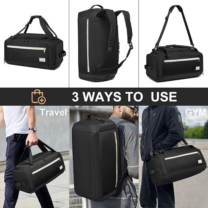 Gym Bags for Men with Shoes Compartment & Wet Pocket 4 Way Large Sports Duffle Bag Backpack Weekender Overnight Bag for Travel, Fitness, Workout, Birthday Gift for Men, Black