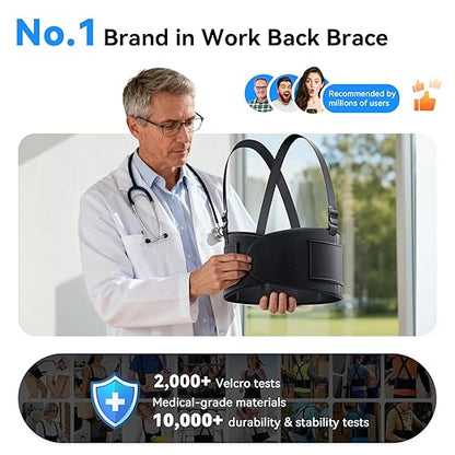 Work Back Brace for Men & Women, Adjustable Lower Back Support Belt with Suspenders for Back Pain Relief, Moving Construction Warehouse Heavy Lifting Safety & Protection (Black, Medium)