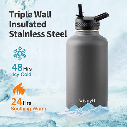 64 oz Insulated Water Bottle with Straw (Cold for 48 Hrs), Half Gallon Stainless Steel Triple Wall Vacuum Sports Water Jug, Leakproof Hydro Cup Flask with Straw Spout Lids & DIY Stickers