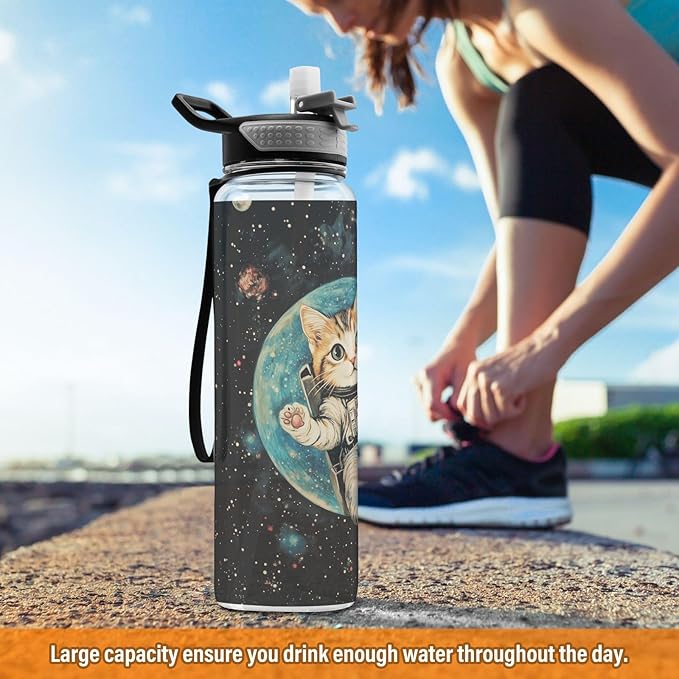 Fustylead Cute Cat Wearing Spacesuits in Space 32oz BPA Free Water Bottle, Leak-proof Bottle with Carrying Strap, Clear Sports Bottle for Running Cycling Camping