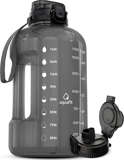 AQUAFIT Half Gallon Water Bottle with Time Marker - Straw & Chug Lid - BPA Free Gym Water Bottle with Straw - Big Gallon Jug (Gray, 64 oz - 2in1 Lid)