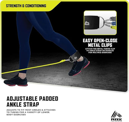 RBX 6 Piece Home Gym Resistance Kit - Light, Medium, Heavy Resistance Bands, Grip Handles, Door Anchor, Ankle Strap & Carry Bag