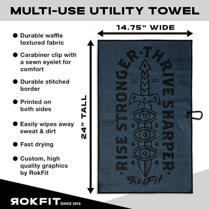 RokFit Gym & Golf Towel – Multi-Use, Quick-Dry, Durable Utility Towel with Bold Graphic and Carabiner Clip (Rise Stronger, Thrive Sharper)