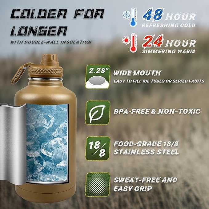 Half Gallon Water Bottle with Sleeve - 64 oz Stainless Steel Insulated Water Jug with Handle Wide Mouth Gym Water Bottles for Men Sports Workout Hiking Camping with Military Pouch Khaki