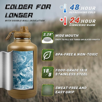 Half Gallon Water Bottle with Sleeve - 64 oz Stainless Steel Insulated Water Jug with Handle Wide Mouth Gym Water Bottles for Men Sports Workout Hiking Camping with Military Pouch Khaki
