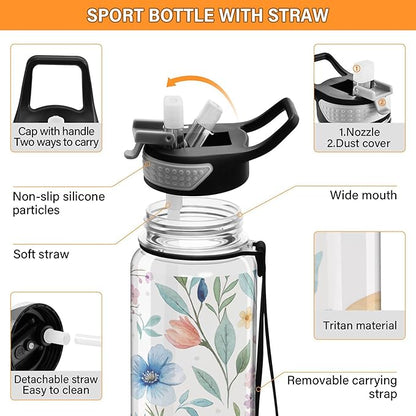 Burbuja Watercolor Floral 32 oz Water Bottle with Straw Lid, Leakproof & BPA Free Tritan Bottle for Gym Fitness Outdoor Sports