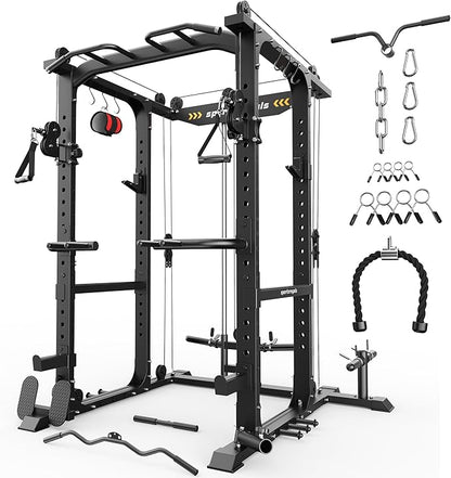Sportsroyals Squat Rack, LAT Power Cage, Power Rack Multi-Function with Pulley System and Training Attachments for Home Gym