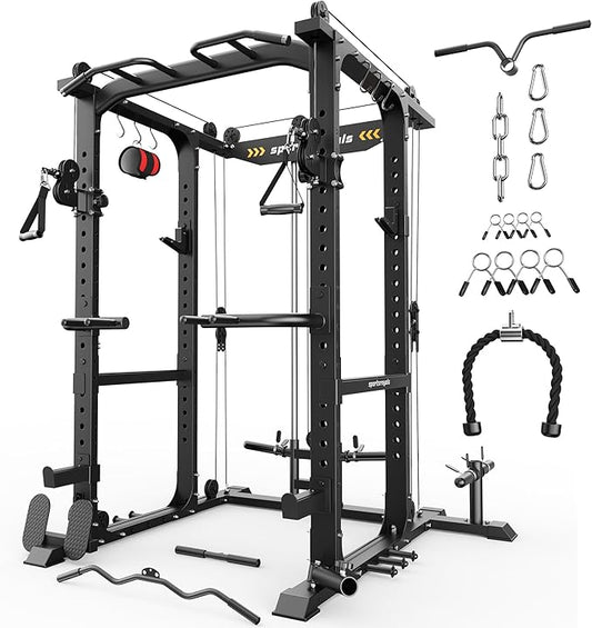 Sportsroyals Squat Rack, LAT Power Cage, Power Rack Multi-Function with Pulley System and Training Attachments for Home Gym