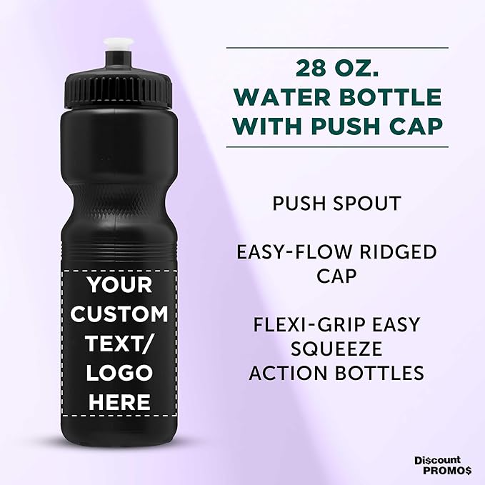 DISCOUNT PROMOS 28 oz. Custom Push Cap Plastic Water Bottles Set of 10/50/100, Personalized Bulk Pack - Perfect for Gym, Hiking, Camping, Outdoor Sports - Black