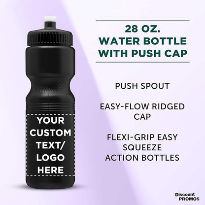 DISCOUNT PROMOS 28 oz. Custom Push Cap Plastic Water Bottles Set of 10/50/100, Personalized Bulk Pack - Perfect for Gym, Hiking, Camping, Outdoor Sports - Black