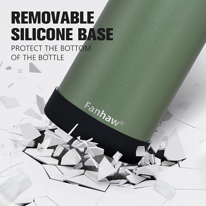 Fanhaw 32 oz Insulated Water Bottle – Portable Stainless Steel Flask with 3 Lids (Straw, Spout, Carabiner) | Leakproof, for Gym, Hiking, Work, Travel & Everyday Use (Olive Green)